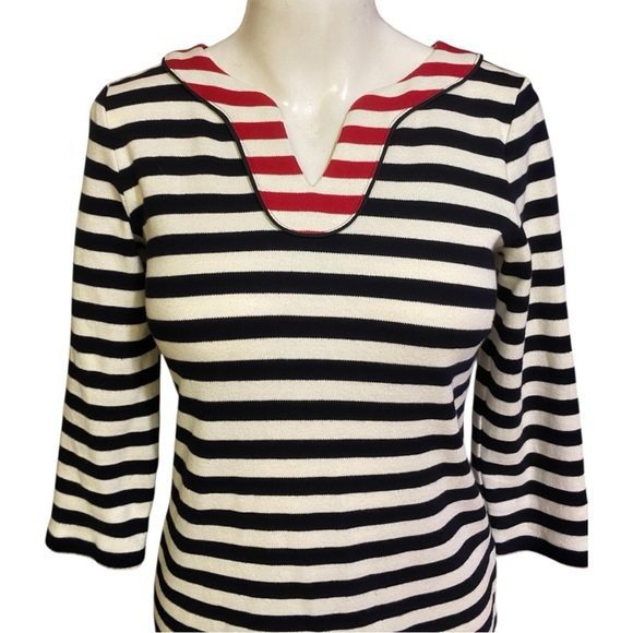 Talbots Striped Black and Cream Dress with Red Accents Soft & Comfy Size 4P - Picture 6 of 6
